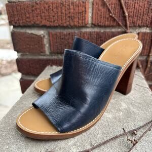 J.Crew Leather Mule Heels Navy Open Toe Block Heel Slide Sandals Women 8.5